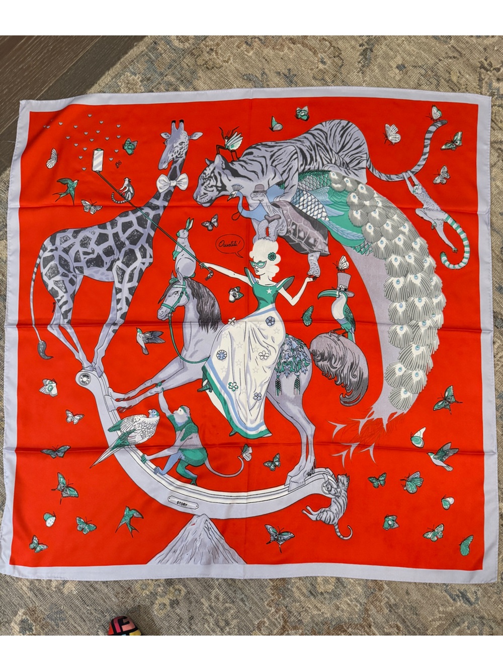 Designer-style 90cm Silk Red Carousel Scarf with Teal & Gray Accents-New